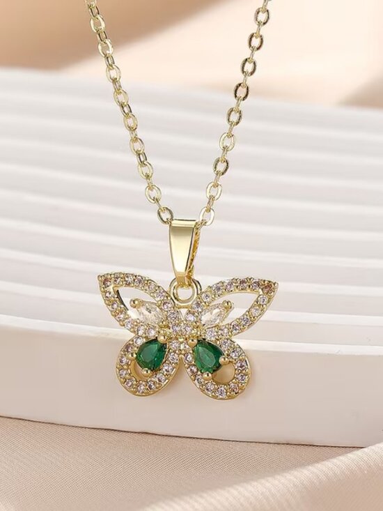 Crystal Butterfly Necklace - Emerald Green – Gabi The Label 14K Gold Womens 2ct Diamond 1ct Green Emerald Butterfly Pendant Necklace Jewelry
